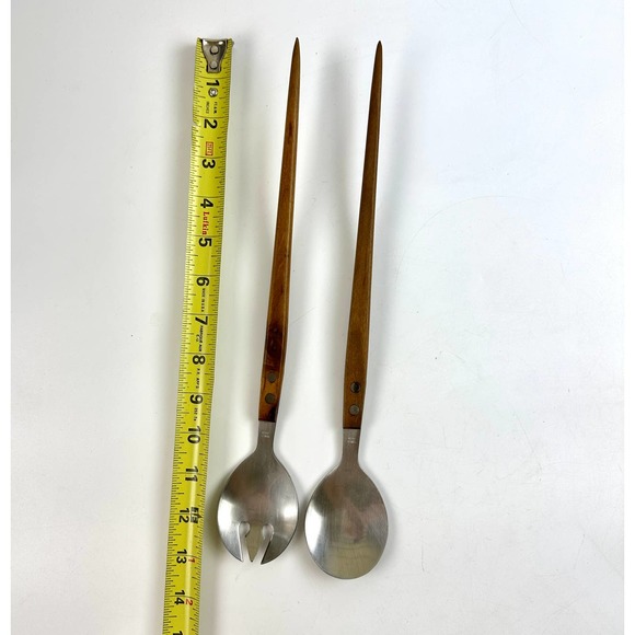 Mid Century Modern Teak Wood Handle Salad Servers Fork And Spoon Set Stainless - Picture 6 of 9